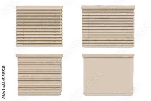 Beige window blinds and roller shade in various open and closed positions