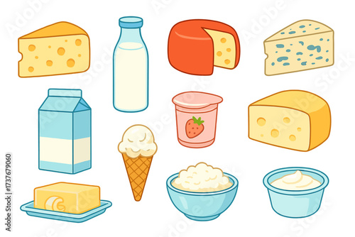 Assortment of fresh dairy products including milk, cheese, yogurt, and butter