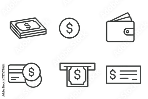 Collection of financial transaction icons featuring money, wallet, and payment methods