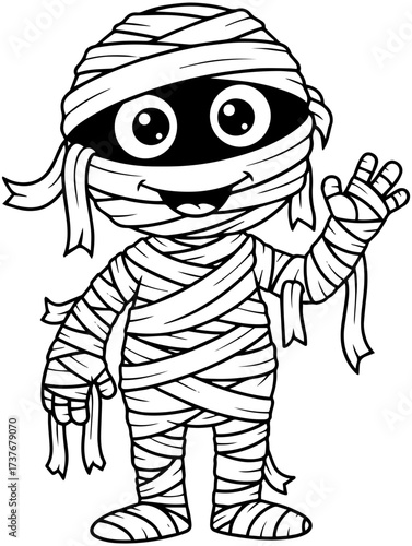 Adorable cartoon mummy happily waving hello, great for Halloween themes and spooky fun projects