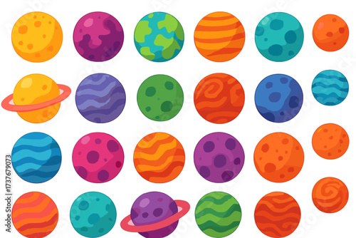 Vibrant collection of cartoon planets and celestial bodies with diverse patterns and rings