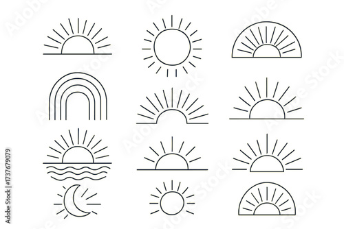 Boho Minimalist Celestial Icons with Sun Moon and Rainbow Line Art