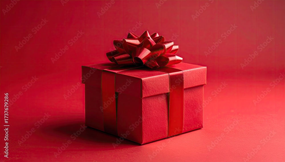 Obraz premium Elegant Red Gift Box with Shiny Ribbon on Solid Red Background
