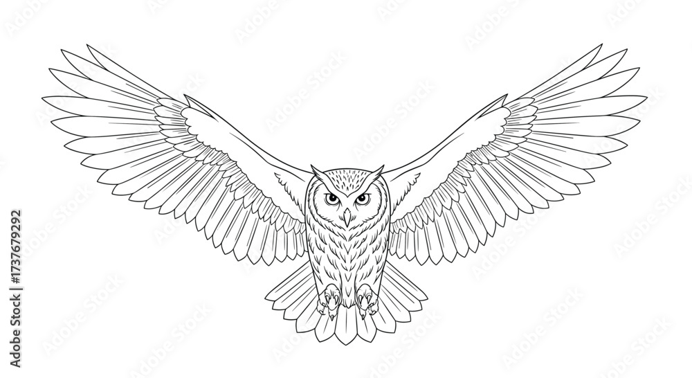 Obraz premium An outline drawing of a great horned owl with wings spread wide open in flight.