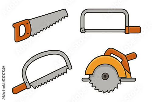 Assortment of essential cutting tools including hand saws, bow saws, and circular saws