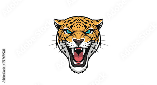 Fierce jaguar head with an open mouth and sharp teeth exhibiting its powerful predatory nature.