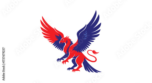 A majestic griffon with spread wings in red and blue colors stands against a white background