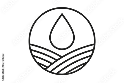 Water droplet above cultivated fields in a circle symbolizing agriculture and irrigation