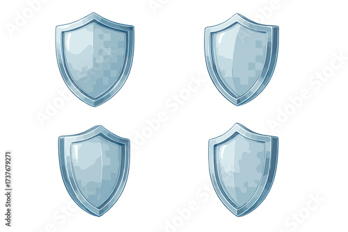 Set of four glossy transparent blue shield symbols for security and protection