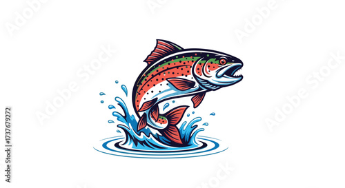 A vibrant rainbow trout leaps from the water amidst splashing waves.