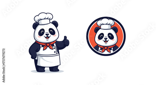 Cute chef panda giving a thumbs up with a panda chef logo.
