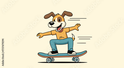 An energetic cartoon dog skillfully rides a skateboard with speed lines behind it.