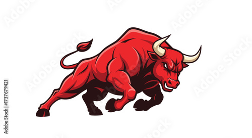 The powerful red bull charges forward with determination and strength representing raw energy and unstoppable force.