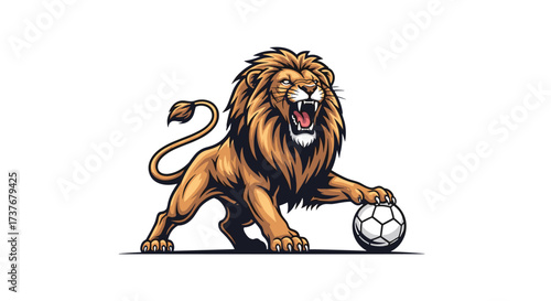 Majestic lion roaring with paw on a soccer ball in a powerful display of athletic prowess.