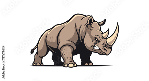 A fierce rhinoceros charges forward with its horn raised and eyes set on a target.