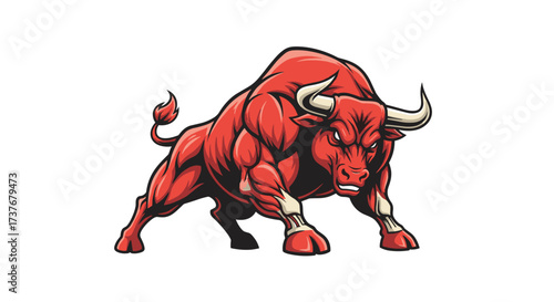 A powerful muscular red bull with white horns and a curled tail is aggressively charging forward in a ready stance.