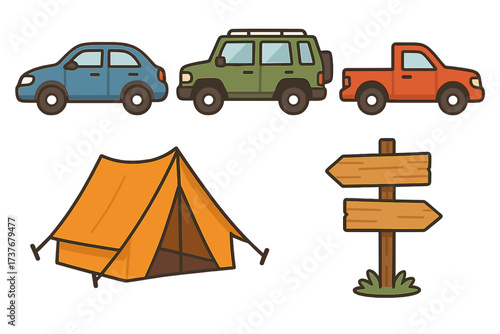 Collection of various vehicles, camping tent, and wooden directional sign for travel and outdoor adventures