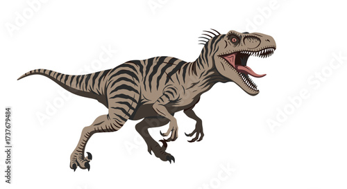 A fierce dinosaur with stripes and sharp teeth roars loudly.
