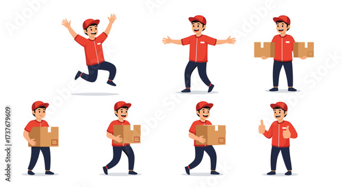 A delivery person shows happy emotions and gestures with packages.