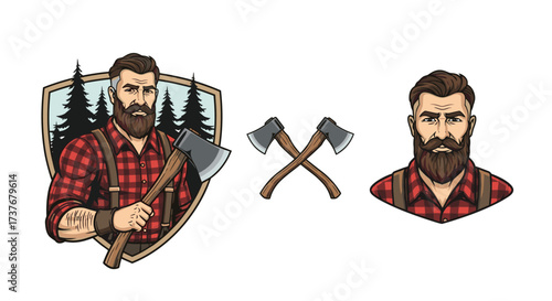 Illustration of a rugged lumberjack holding an axe in a forest setting