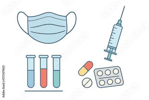 Medical protective mask, syringe, test tubes, and pharmaceutical drugs