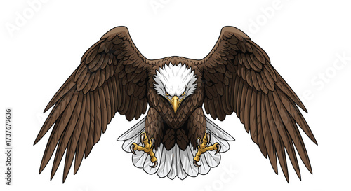 A majestic bald eagle spreads its wings wide ready for flight.