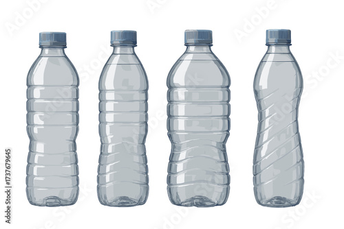 Collection of transparent plastic bottles with blue screw caps containing pure drinking water