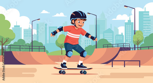 Young boy skateboarding in a city park with ramps and trees around him.
