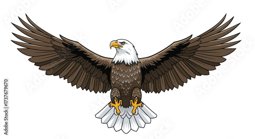 Majestic bald eagle with outstretched wings soaring through the sky.