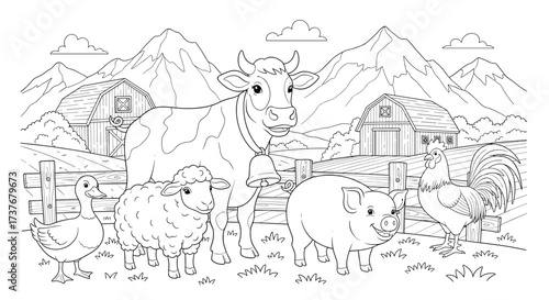 A peaceful rural landscape dotted with farm animals and majestic mountains under a clear sky.