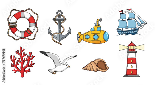 Nautical Icons Collection Lifesaver Anchor Submarine Sailboat Coral Seagull Seashell Lighthouse Sea Adventure Elements