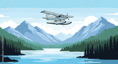 A seaplane flies over a tranquil lake surrounded by lush green forests and majestic mountains.