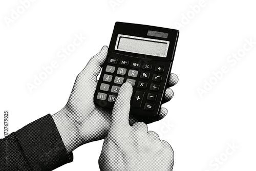 Hand Pressing Calculator in Black and White Pop Art Style