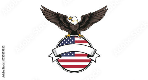 An eagle perched atop a globe featuring the American flag and a blank ribbon.