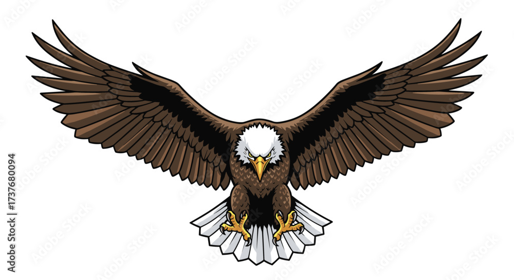 Fototapeta premium A majestic bald eagle with its wings spread wide in full flight over a plain.