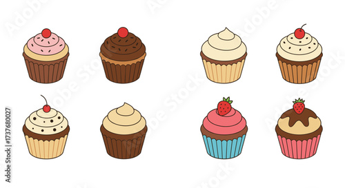 Colorful cupcake collection with berries and chocolate toppings in flat style