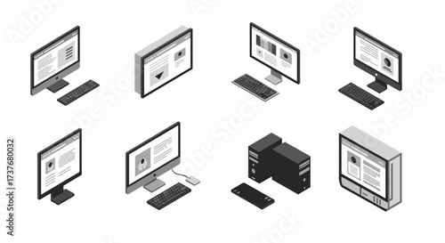 Isometric computer and device icons set with monitors, keyboards, and towers