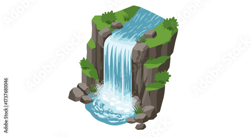 Isometric 3d waterfall with rocks and lush greenery on white background