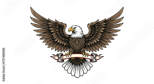 A majestic bald eagle spreads its wings with a banner across its chest.