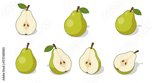 Fresh green pears collection in modern flat design with various angles and styles