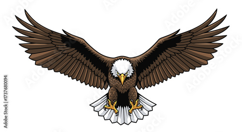 A majestic bald eagle with its wings spread wide in full flight over a plain.