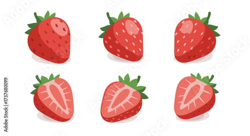 Collection of fresh strawberries in 3d style with various angles and cross sections