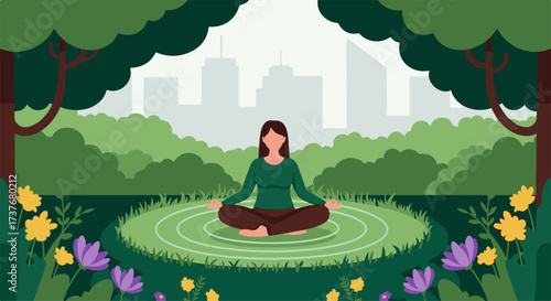 A woman meditates peacefully in a park, surrounded by nature and city skyline.