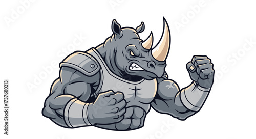 A powerful rhinoceros warrior in battle armor stands ready to fight with his fists clenched.