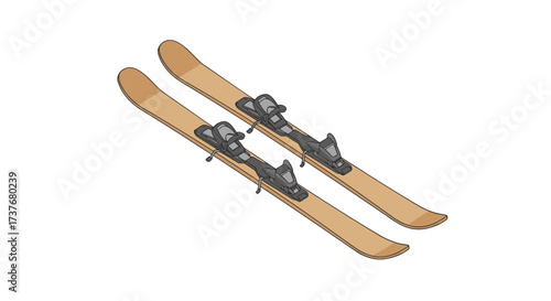 Isometric ski equipment design with bindings on white background