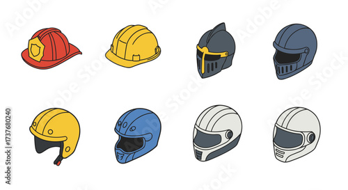 Collection of different helmet types in hand-drawn style