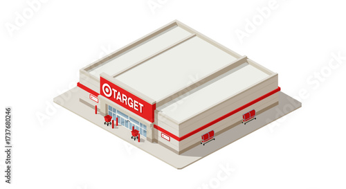 Isometric retail building with red accents and shopping carts