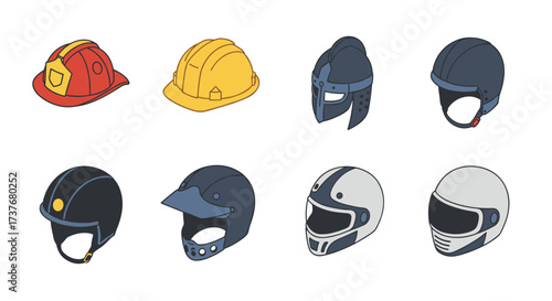 Variety of helmets: protective gear for safety and sports in flat design