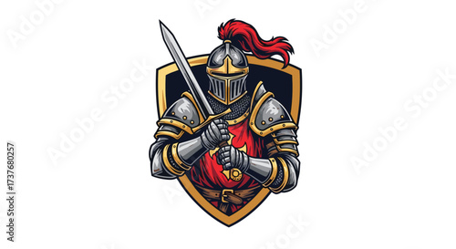 A brave knight in shining armor stands ready for battle with his sword held high.