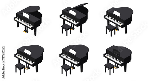 Isometric grand piano set with stools in various angles and views for music design